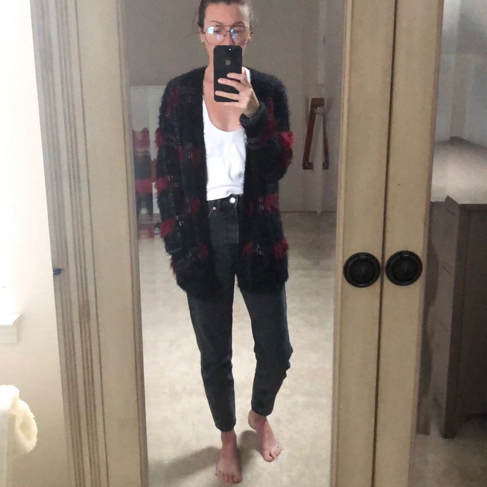 F21 Fuzzy Plaid Long Cardigan